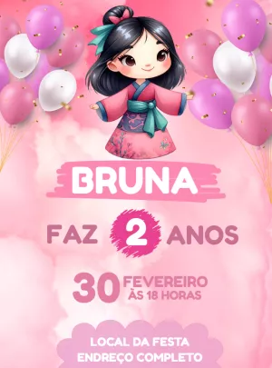 Convite de Aniversário Mulan para Editar e Imprimir