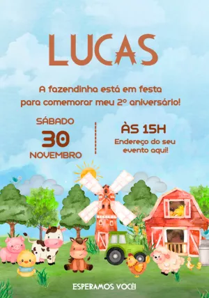 Convite de Aniversário Fazendinha com Animais para Editar Online