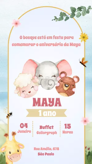 Convite Aniversário Animais do Bosque para Editar Online