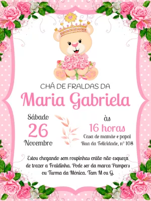Convite Chá de Fraldas Ursinha Princesa para Editar Online