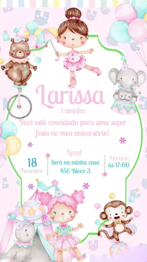 Convite Aniversário Circo Rosa Aquarela para Editar Online