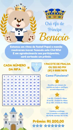 Chá Rifa Ursinho Príncipe: Convite Editável para Chá de Bebê