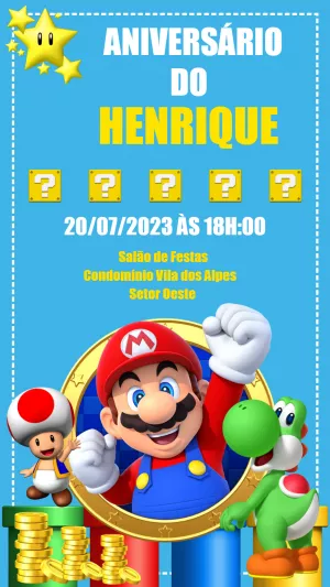 Convite de Aniversário Super Mario com Personagens Editável Online