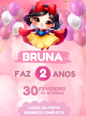 Convite de Aniversário Branca de Neve Fofa para Editar Online