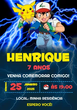 Convite de Aniversário Pokémon com Ash e Pikachu para Editar