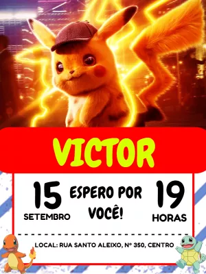 Convite Aniversário Pokémon Pikachu para Editar Online