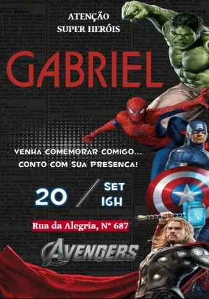Convite de Aniversário Vingadores com Heróis para Editar Online