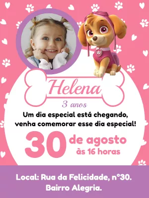 Convite Aniversário Skye Patrulha Canina com Foto para Editar