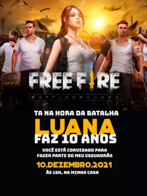 Convite Aniversário Free Fire com Personagens para Editar Online