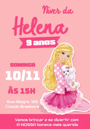 Convite de Aniversário Boneca Rosa para Editar Online