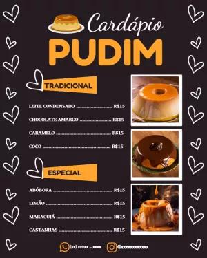 Cardápio de Pudim Editável Online para Confeitaria