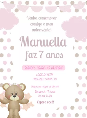Convite de Aniversário Ursinha Rosa para Editar Online