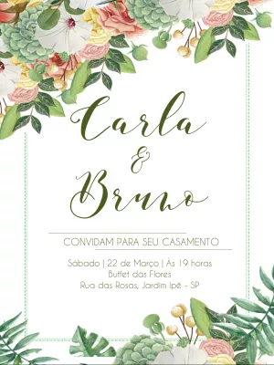 Convite de Casamento Folhagens e Flores para Editar Online