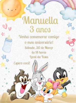 Convite de Aniversário Baby Looney Tunes para Editar Online