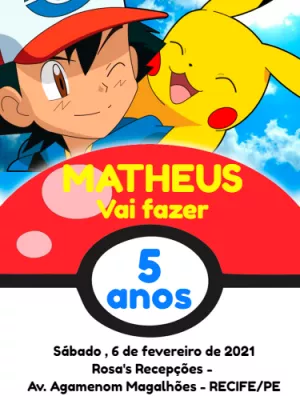 Convite de Aniversário Pokémon com Ash e Pikachu para Editar