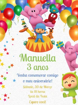 Convite de Aniversário Pocoyo com Personagens para Editar Online