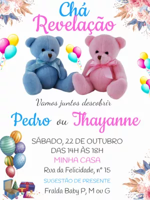 Convite Chá Revelação Ursinhos Fofos para Editar Online