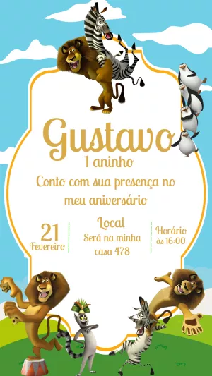 Convite Aniversário Madagascar com Personagens para Editar Online