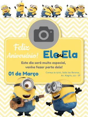 Convite de Aniversário Minions com Foto para Editar Online
