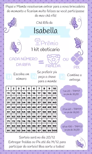 Convite Chá Rifa de Bebê Borboletas Lilás para Editar