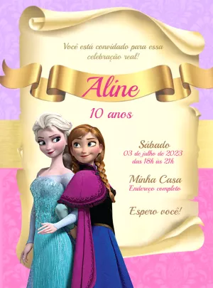 Convite de Aniversário Frozen com Elsa e Anna para Editar Online
