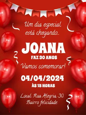 Convite de Aniversário com Balões Vermelhos para Editar Online