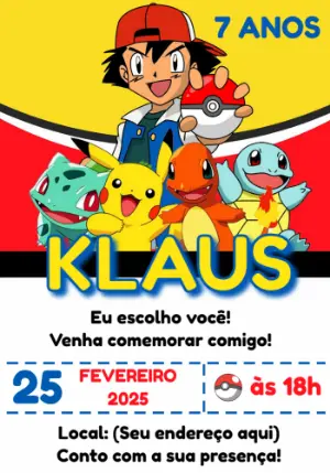 Convite de Aniversário Pokémon com Ash e Amigos para Editar