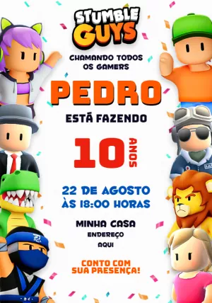 Convite Aniversário Stumble Guys com Personagens para Editar
