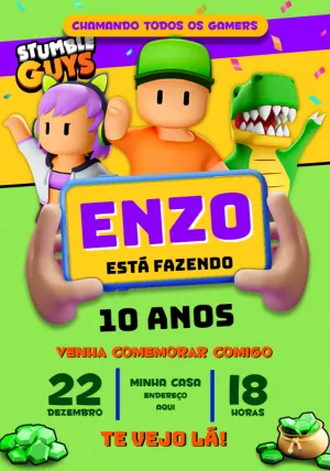 Convite Aniversário Stumble Guys com Personagens para Editar