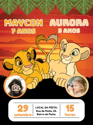 Convite Aniversário Duplo Rei Leão com Foto para Editar Online