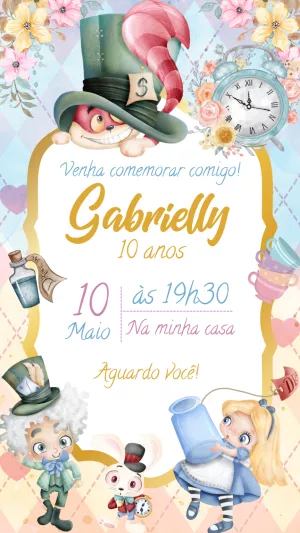 Convite Aniversário Alice no País das Maravilhas Aquarela Editável