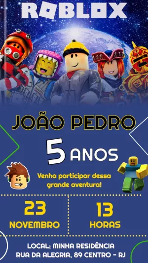 Convite de Aniversário Roblox com Personagens para Editar Online