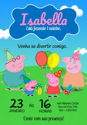 Convite Aniversário Peppa Pig para Editar Online e Imprimir