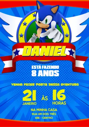 Convite de Aniversário Sonic para Editar e Imprimir