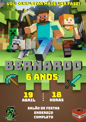 Convite de Aniversário Minecraft com Personagens para Editar Online