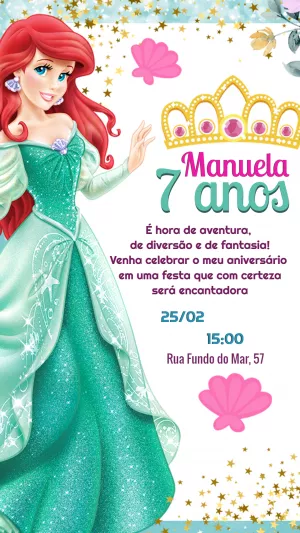 Convite Aniversário Pequena Sereia Ariel para Editar Online