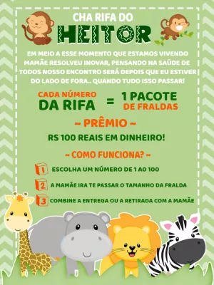 Convite Chá Rifa Safari com Animais para Editar Online