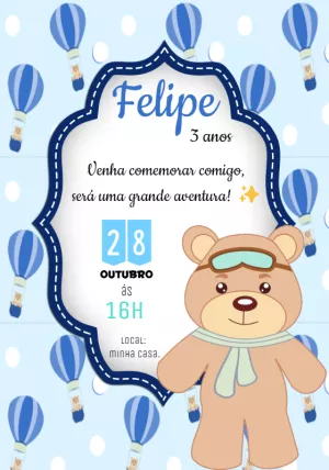 Convite de Aniversário Ursinho Baloeiro para Editar Online