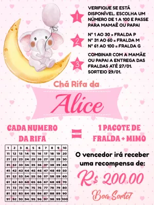Convite Chá Rifa Elefantinha Rosa Editável para Imprimir