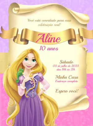 Convite Aniversário Rapunzel Editável Online para Imprimir