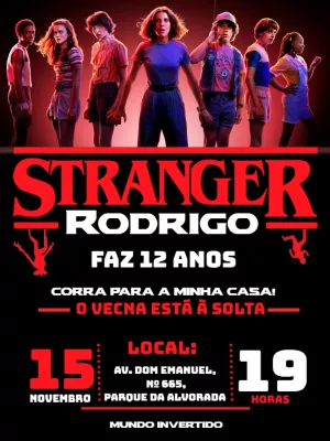 Convite de Aniversário Stranger Things Editável com Personagens