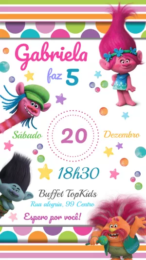 Convite de Aniversário Trolls com Personagens para Editar