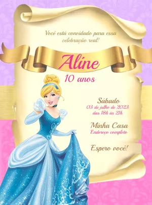 Convite de Aniversário Cinderela Editável Online para Imprimir