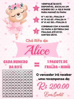 Convite Chá Rifa Ursinha Bailarina Editável Online