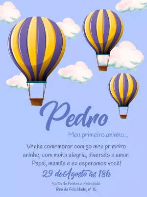 Convite de Aniversário Balão para Editar e Imprimir Online