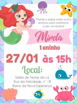 Convite de Aniversário Sereia Fofa com Animais para Editar Online