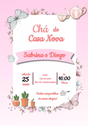 Convite Chá de Casa Nova Aquarela Floral para Editar Online