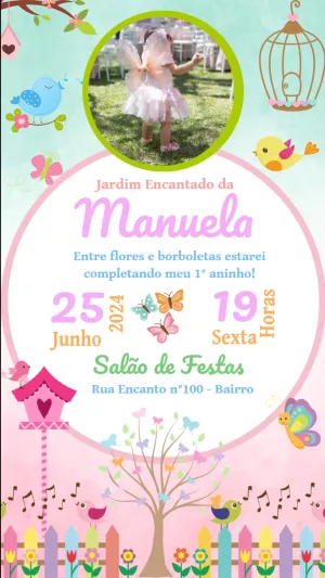 Convite Aniversário Jardim Encantado com Foto para Editar Online