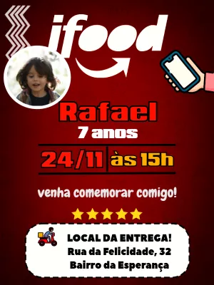 Convite de Aniversário iFood com Foto para Editar Online