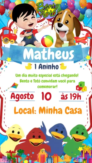 Convite de Aniversário Bento e Totó com Personagens para Editar
